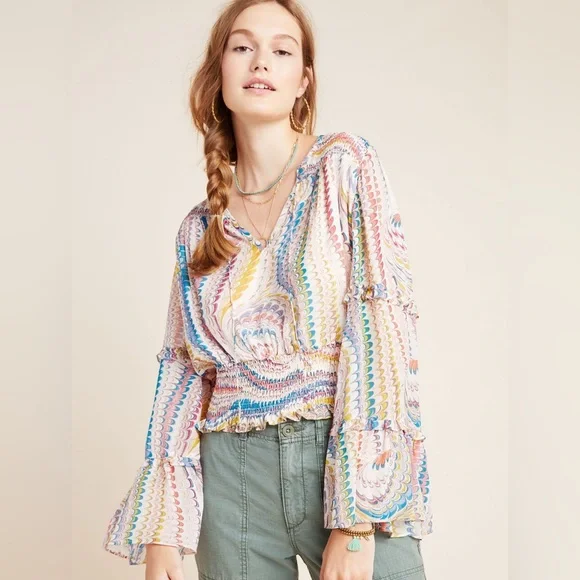 Anthropologie Maeve Jessa Peasant Blouse Smocked Bell‎ Sleeve Boho Flare Size XS - Picture 3 of 11